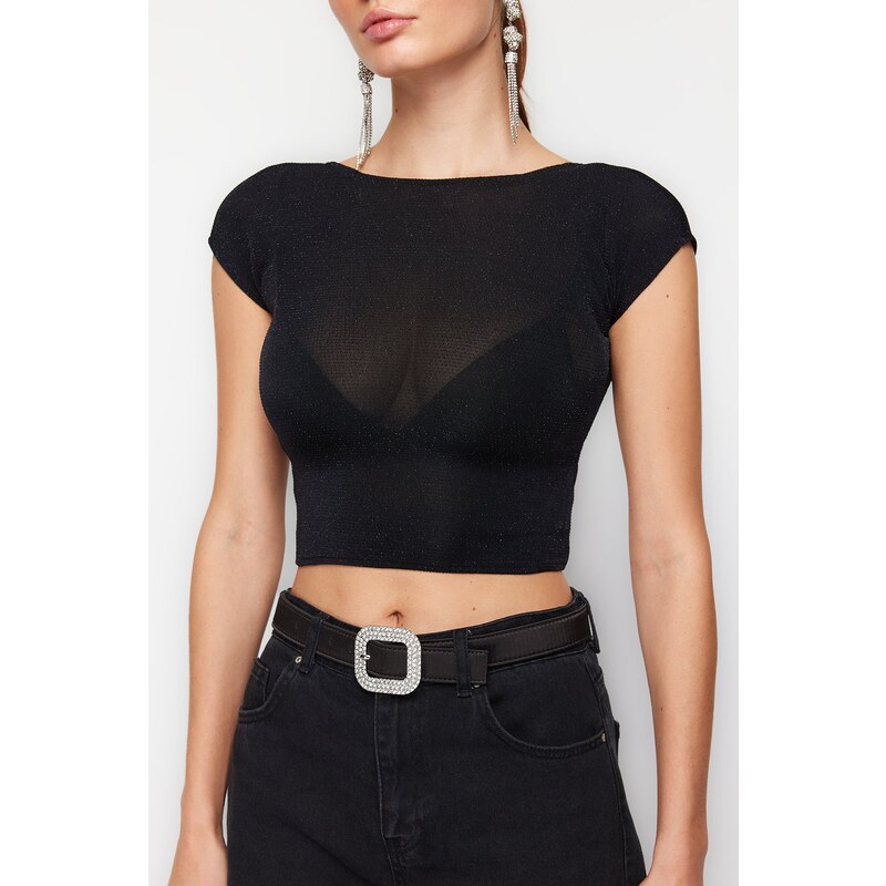 Trendyol Black Crop Unlined Shiny Blouse