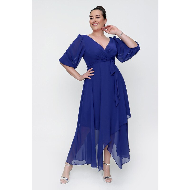 By Saygı Double Breasted Long Chiffon Dress with Balloon Sleeves