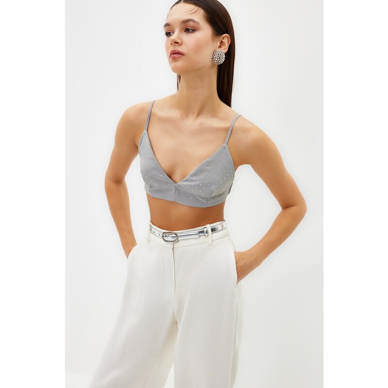 Trendyol Gray Crop Woven Shiny Stone Bustier