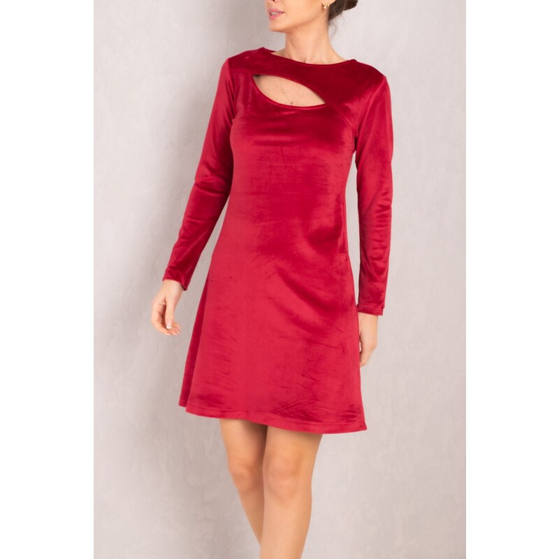 armonika Women's Red Decollete Long Sleeve Velvet Mini Dress