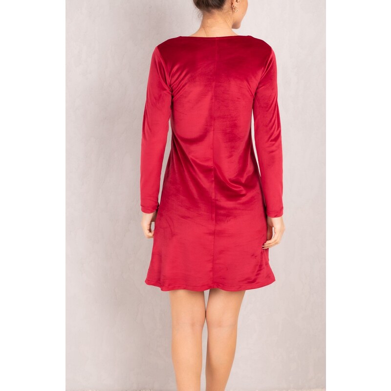 armonika Women's Red Decollete Long Sleeve Velvet Mini Dress