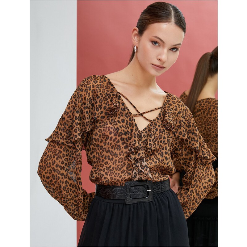 Koton Leopard Patterned Blouse Chiffon Long Sleeve Frilly V-Neck