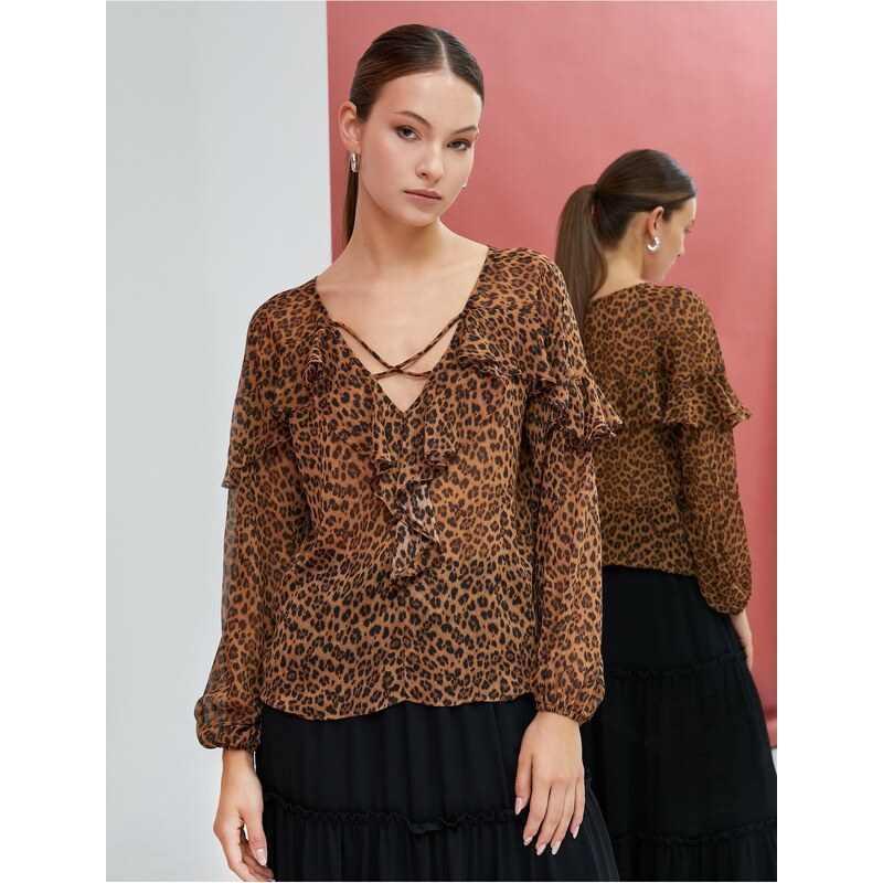 Koton Leopard Patterned Blouse Chiffon Long Sleeve Frilly V-Neck