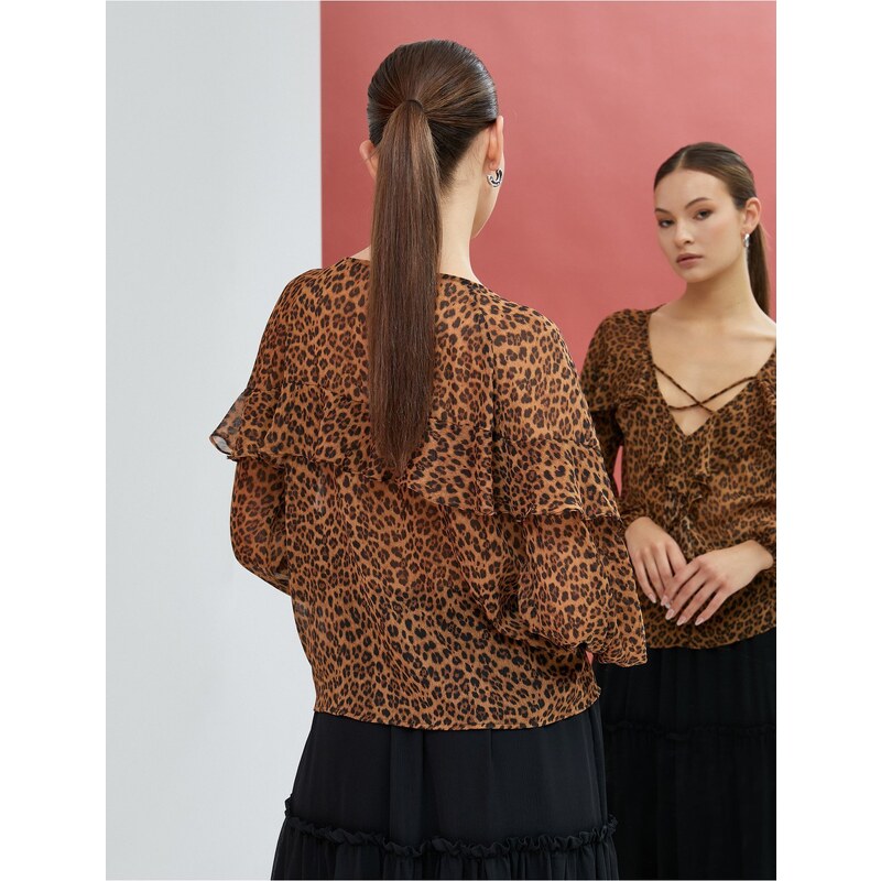 Koton Leopard Patterned Blouse Chiffon Long Sleeve Frilly V-Neck