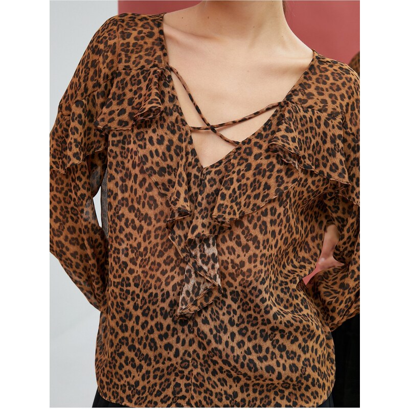 Koton Leopard Patterned Blouse Chiffon Long Sleeve Frilly V-Neck