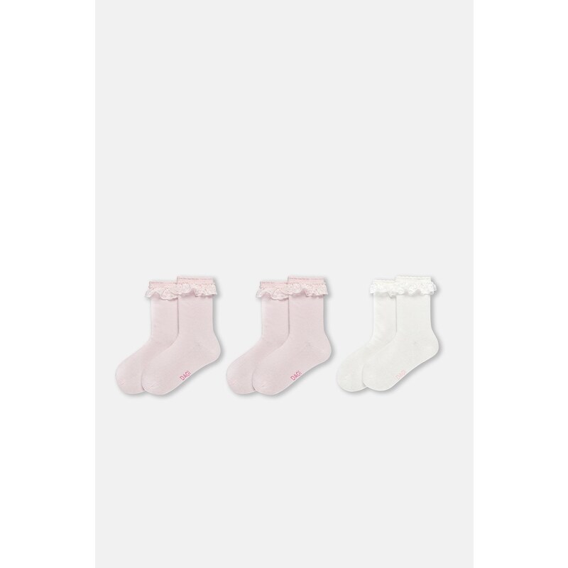 Dagi Ecru-Pink Girl's 3-Piece Lace Socks