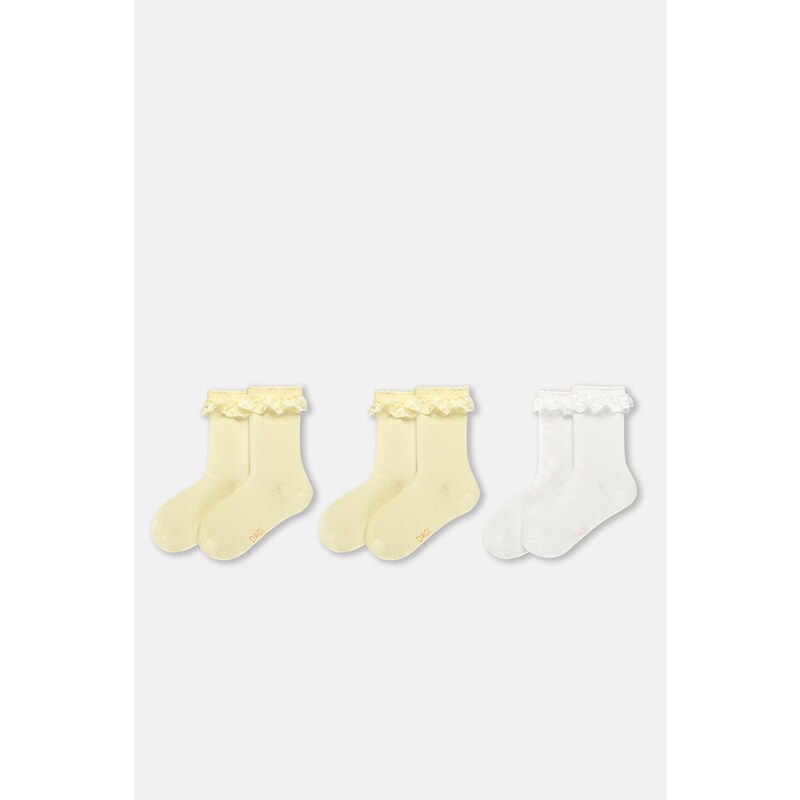 Dagi Ecru-Yellow Girl's 3-Piece Lace Socks