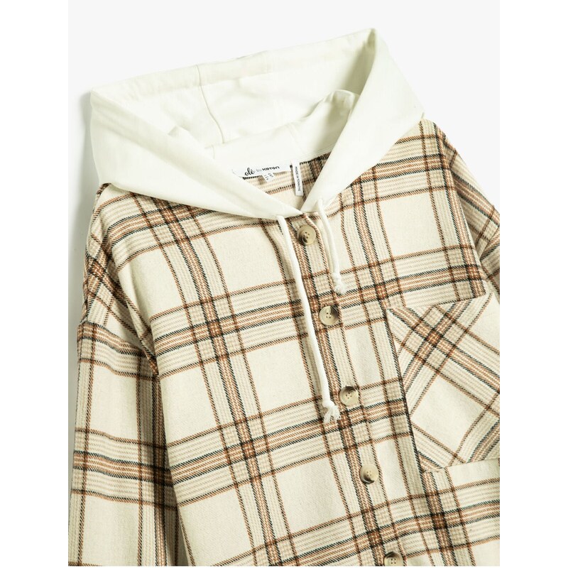 Koton Hooded Lumberjack Shirt Pocket Detailed Soft Textured Long Sleeve