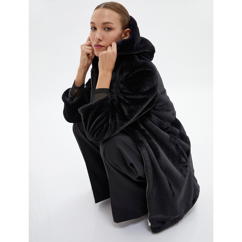 Koton Plush Long Coat Zippered Hooded Pocket Detailed