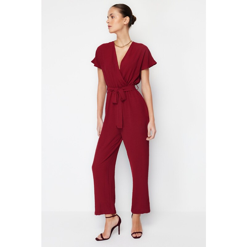 Trendyol Claret Red Lacing Detailed Double Breasted Collar Pipe Leg Woven Jumpsuit