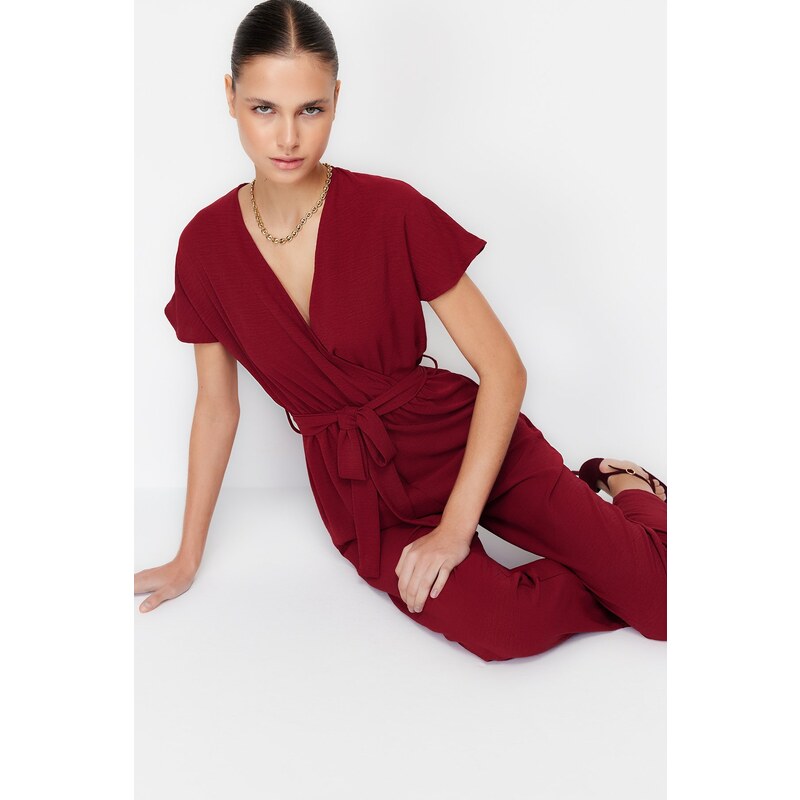 Trendyol Claret Red Lacing Detailed Double Breasted Collar Pipe Leg Woven Jumpsuit