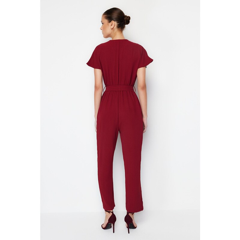 Trendyol Claret Red Lacing Detailed Double Breasted Collar Pipe Leg Woven Jumpsuit