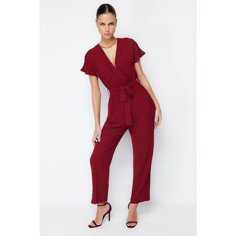 Trendyol Claret Red Lacing Detailed Double Breasted Collar Pipe Leg Woven Jumpsuit