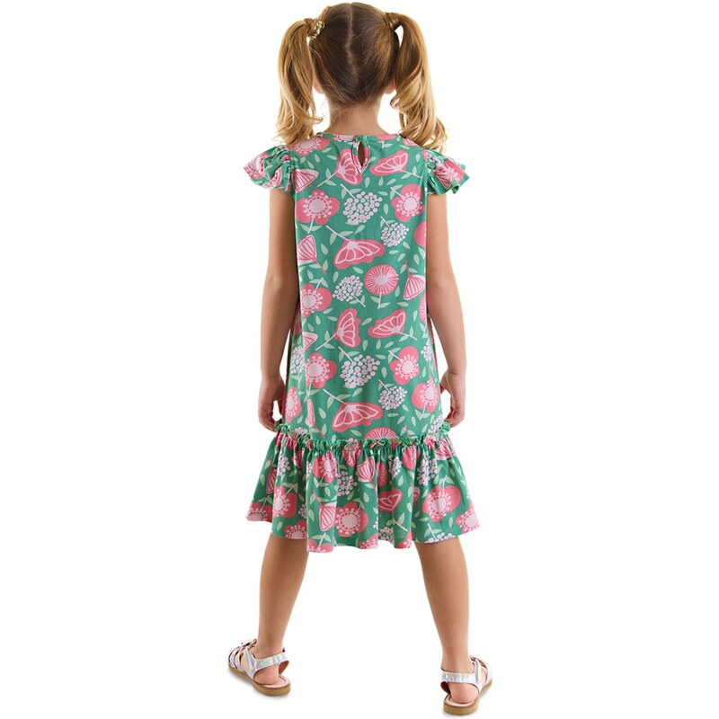 Denokids Pink Floral Girl Green Frilly Dress