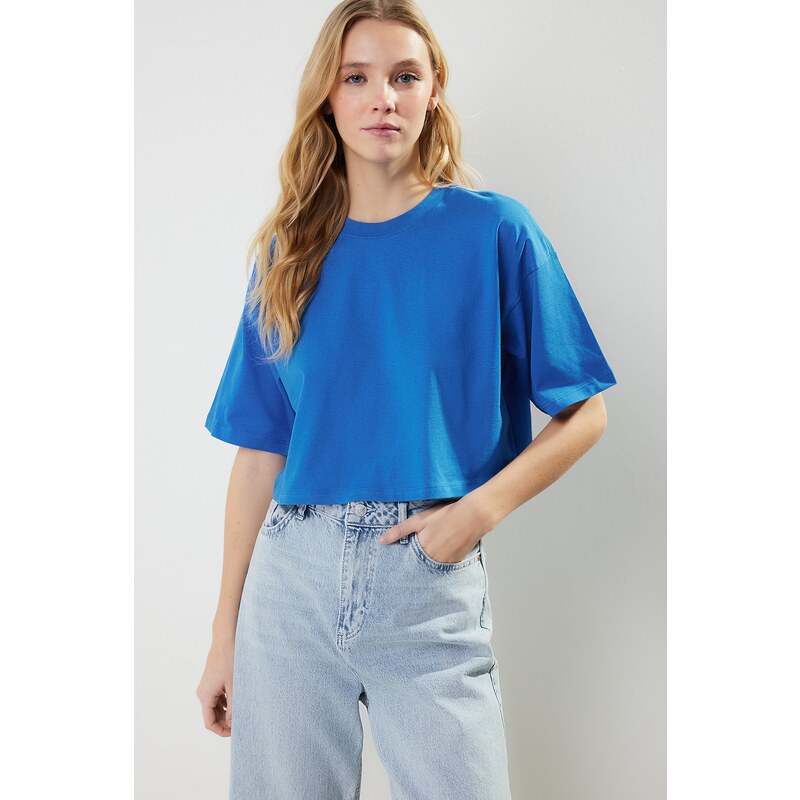 Trendyol Premium Saks 100% Cotton Crop Knitted T-Shirt