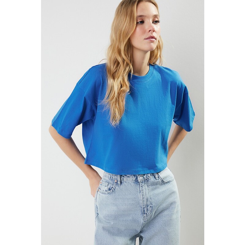 Trendyol Premium Saks 100% Cotton Crop Knitted T-Shirt