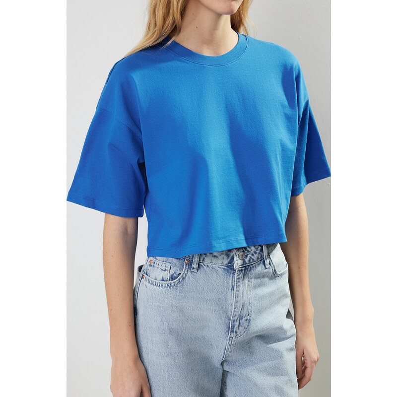 Trendyol Premium Saks 100% Cotton Crop Knitted T-Shirt