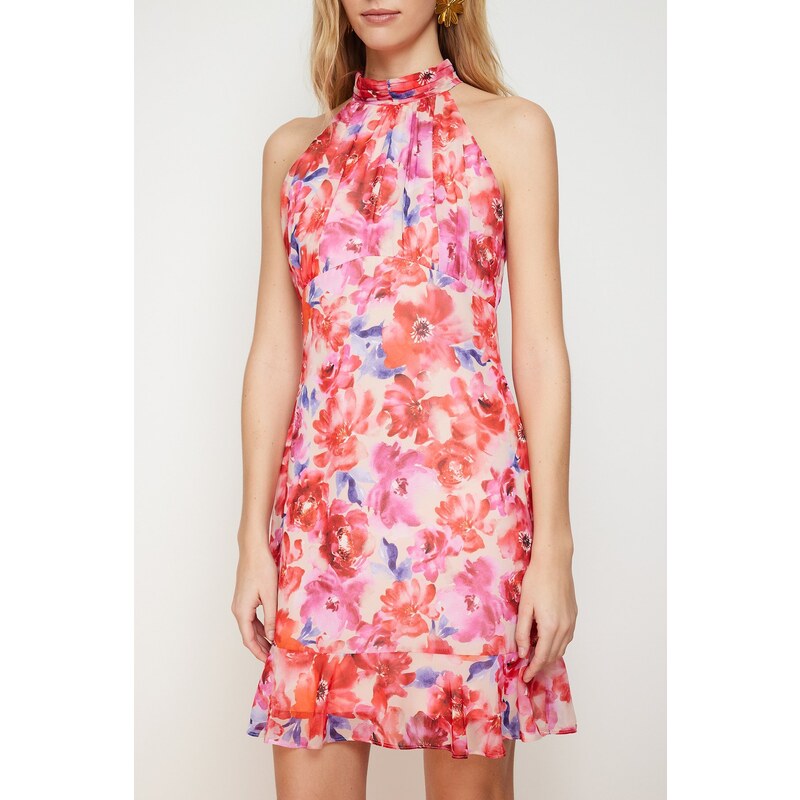 Trendyol Red Printed Halter Neck Mini Lined Woven Dress