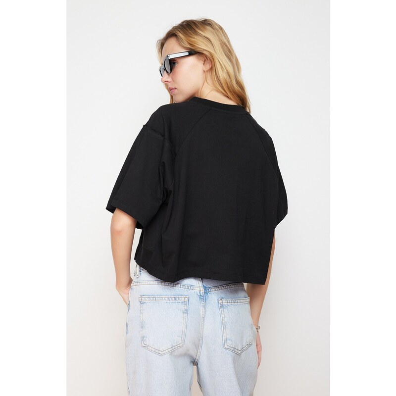 Trendyol Black 100% Cotton Cut Detailed Relaxed Crop Knitted T-Shirt