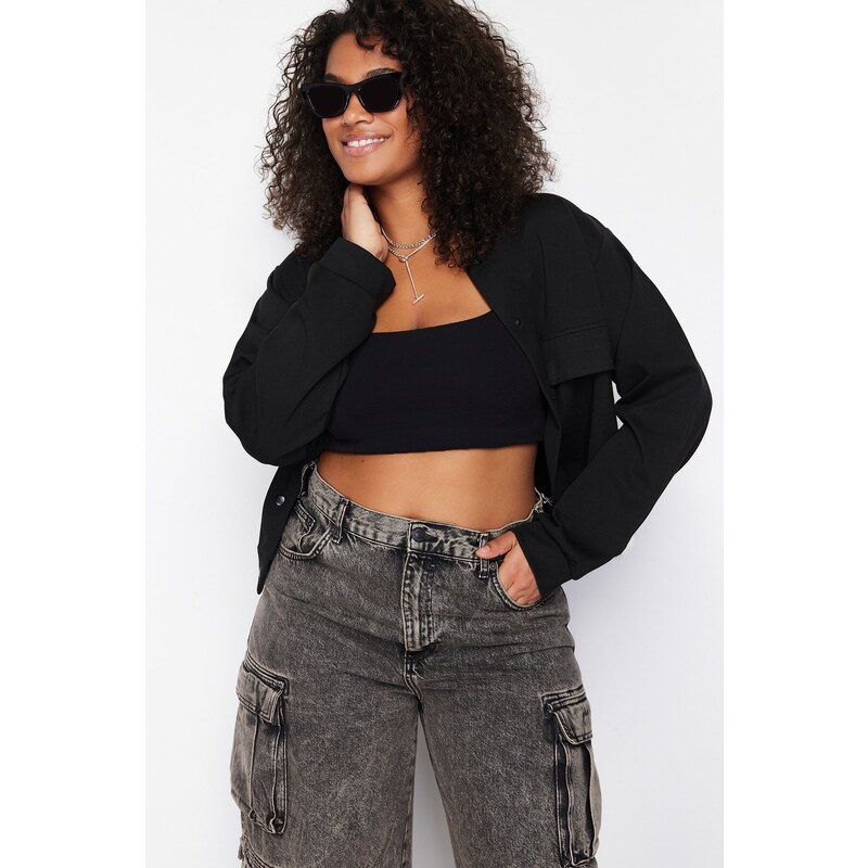 Trendyol Curve Black Waistband Buttoned High Neck Knitted Jacket