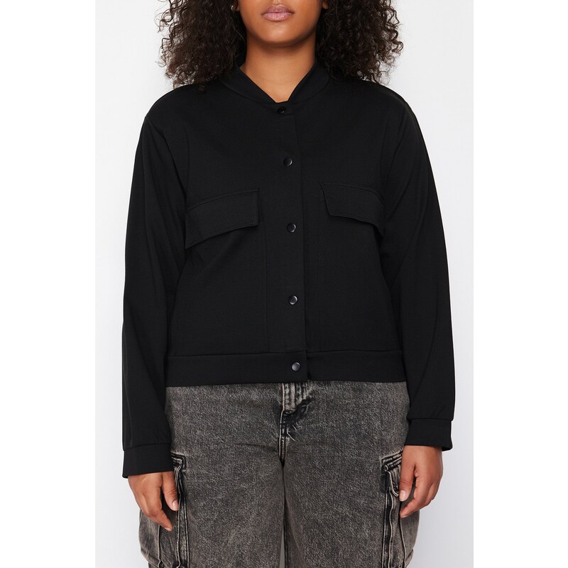 Trendyol Curve Black Waistband Buttoned High Neck Knitted Jacket