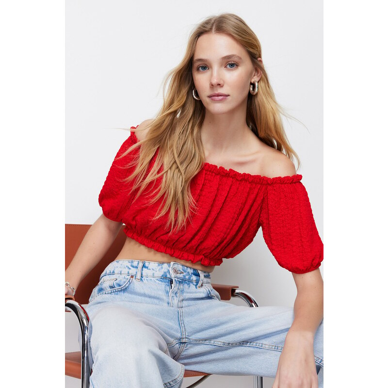 Trendyol Red Carmen Collar Gossamer Crop Knitted Blouse