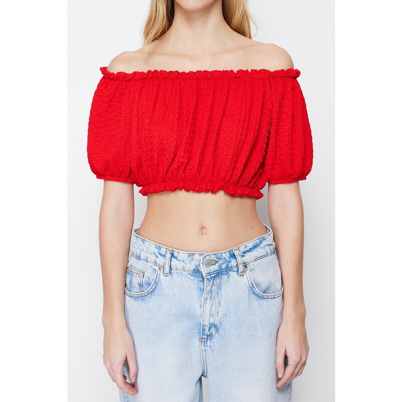 Trendyol Red Carmen Collar Gossamer Crop Knitted Blouse