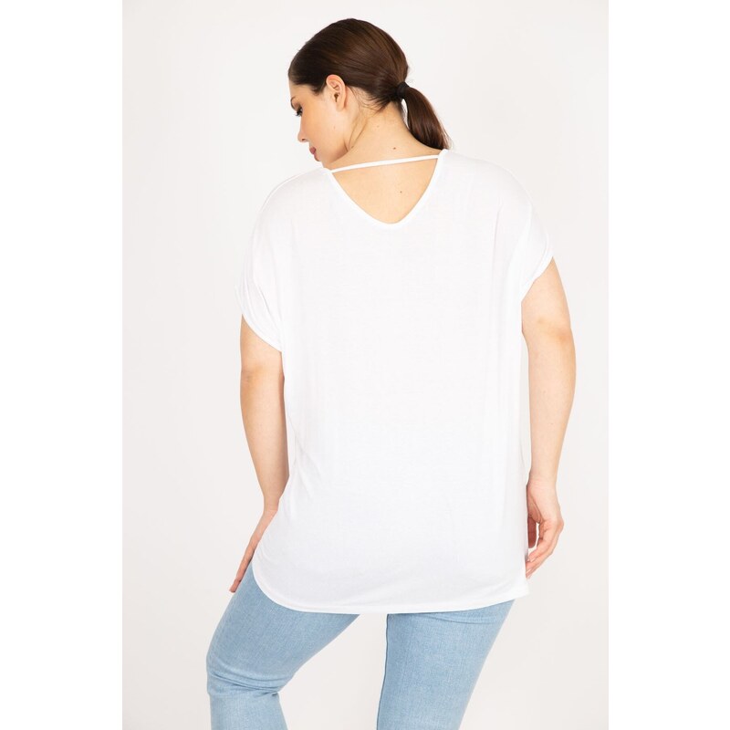 Şans Women's Plus Size White V-Neck Low-Sleeve Blouse