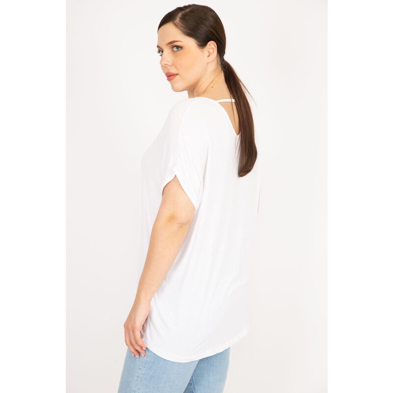 Şans Women's Plus Size White V-Neck Low-Sleeve Blouse