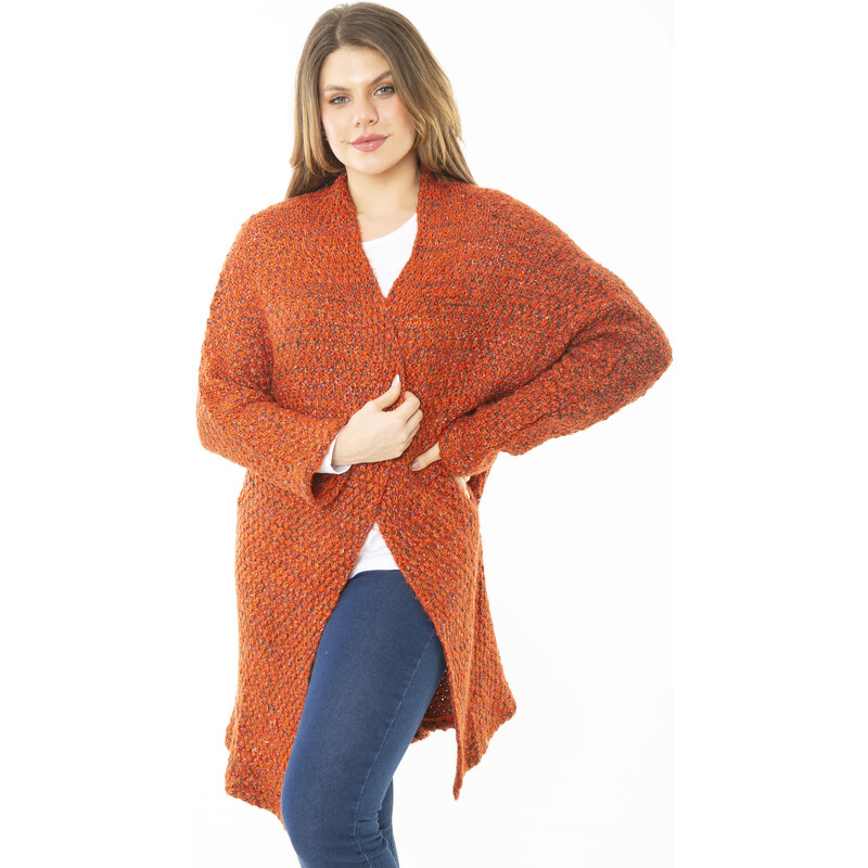 Şans Women's Large Size Orange Thick Knitwear Cardigan