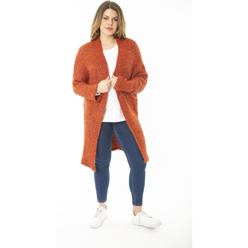 Şans Women's Large Size Orange Thick Knitwear Cardigan