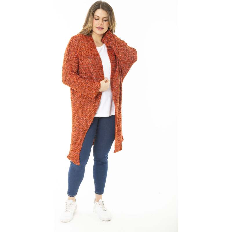 Şans Women's Large Size Orange Thick Knitwear Cardigan