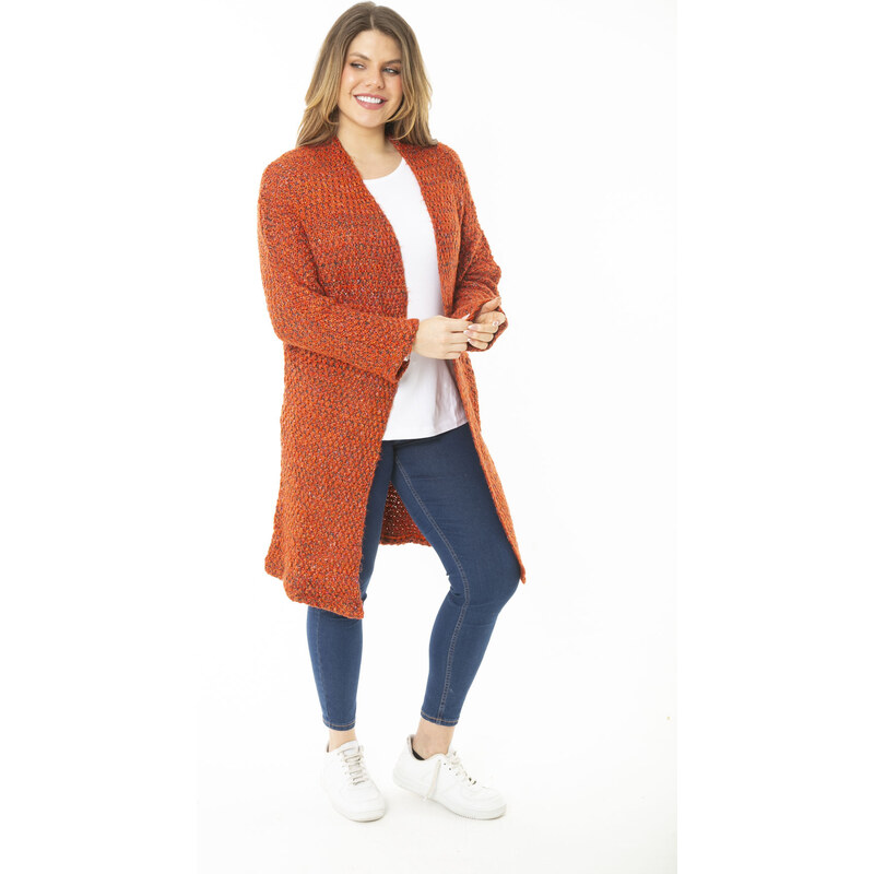 Şans Women's Large Size Orange Thick Knitwear Cardigan