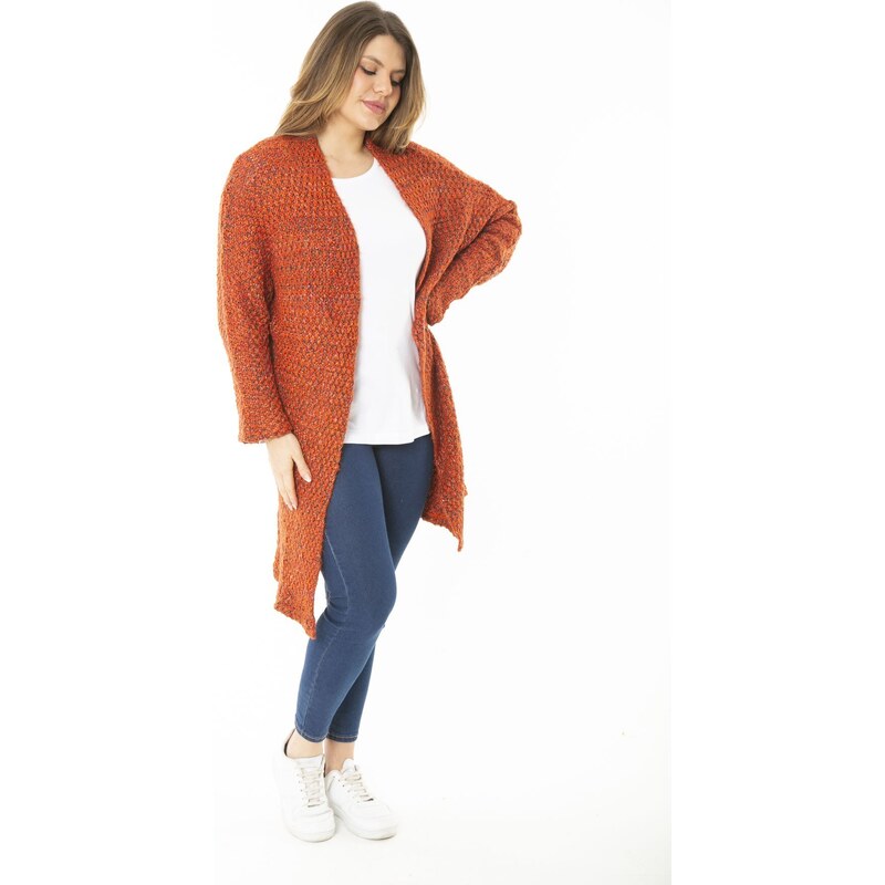 Şans Women's Large Size Orange Thick Knitwear Cardigan