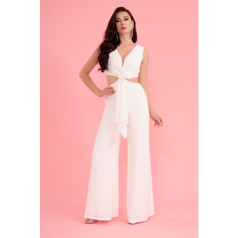 Carmen Ecru Navel Low-cut Buckle Jumpsuit