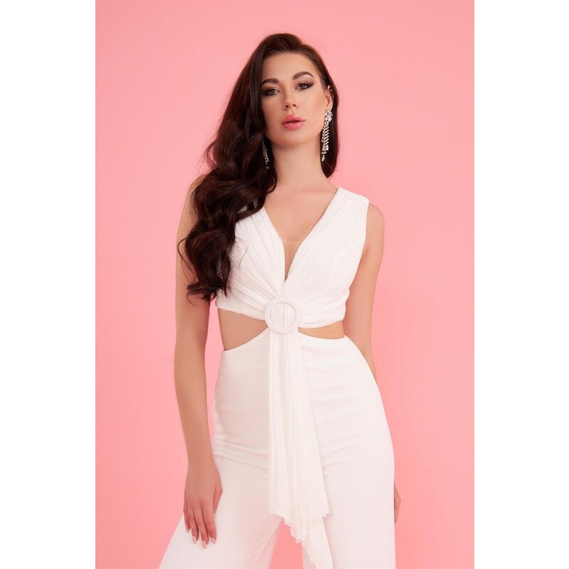 Carmen Ecru Navel Low-cut Buckle Jumpsuit