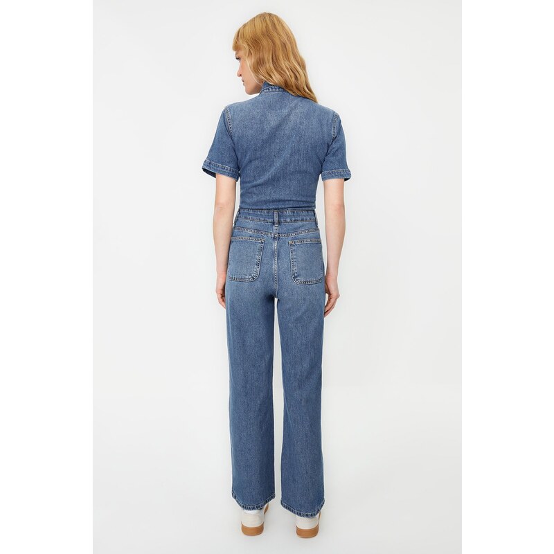 Trendyol Blue Short Sleeve Denim Jumpsuit