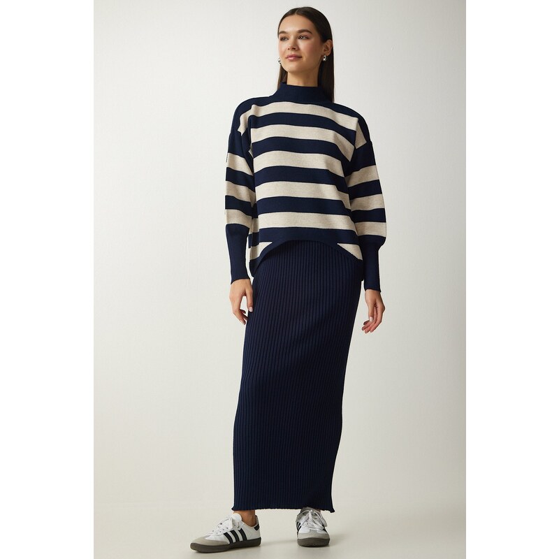 Happiness İstanbul Women's Navy Blue Striped Sweater Dress Knitwear Suit