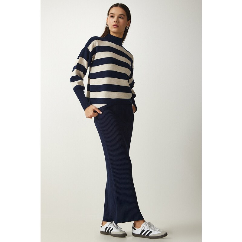 Happiness İstanbul Women's Navy Blue Striped Sweater Dress Knitwear Suit