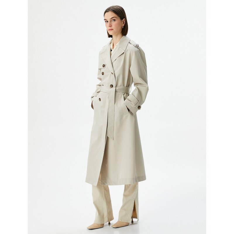 Koton Trench Coat Midi Length Double Breasted Collar Buttoned Pocket Belted