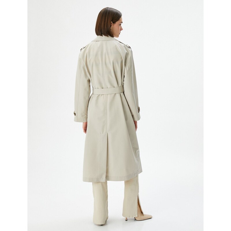 Koton Trench Coat Midi Length Double Breasted Collar Buttoned Pocket Belted