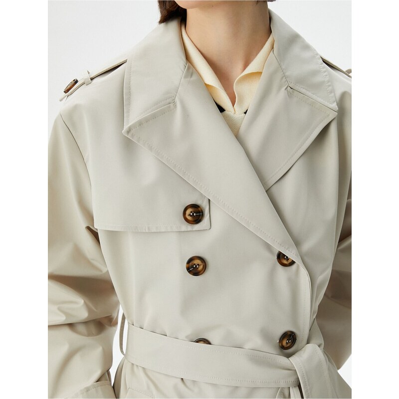 Koton Trench Coat Midi Length Double Breasted Collar Buttoned Pocket Belted