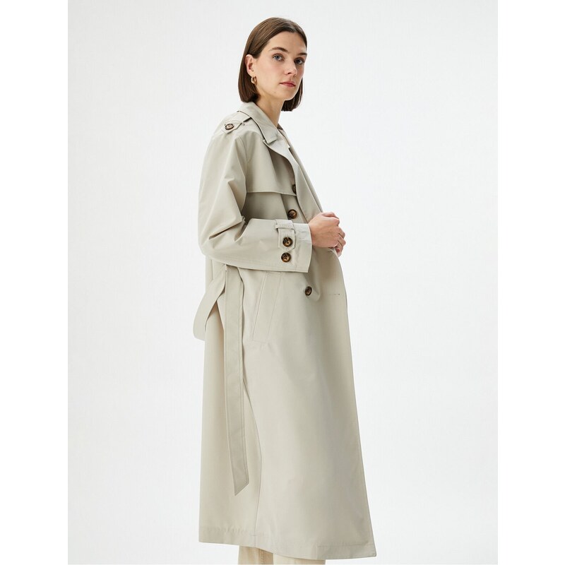 Koton Trench Coat Midi Length Double Breasted Collar Buttoned Pocket Belted