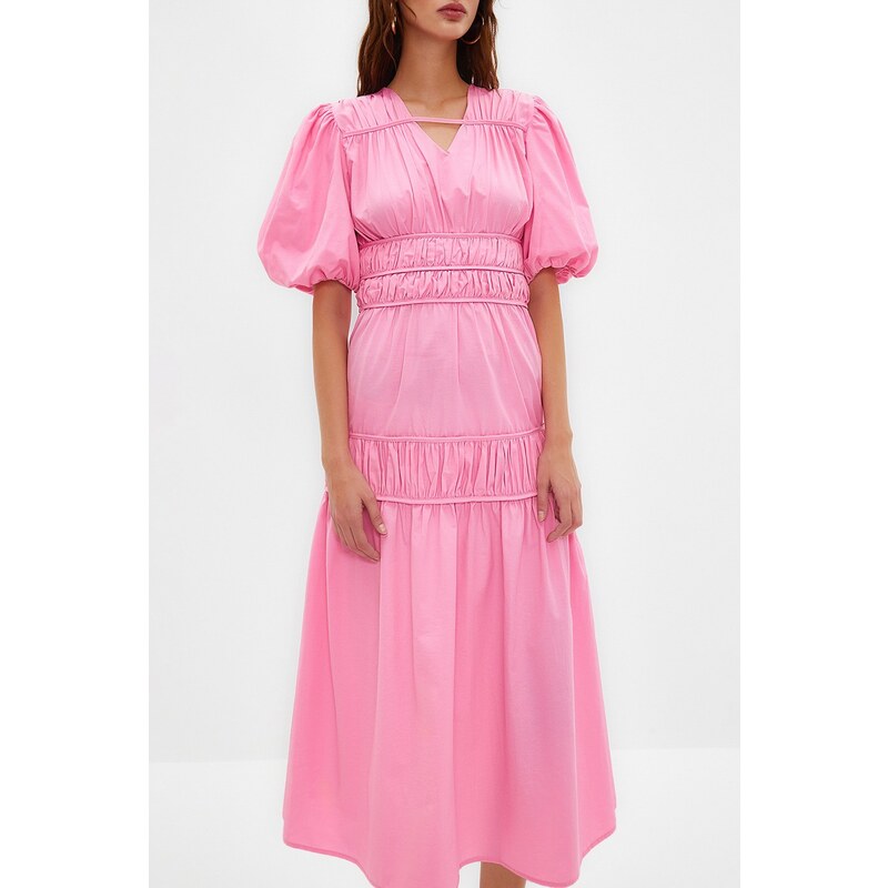 Trendyol Pink Gathered Detailed Long Woven Dress