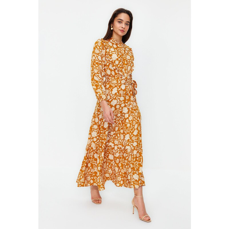 Trendyol Mustard Small Flower Printed Ruffle Detail Belted Woven Dress