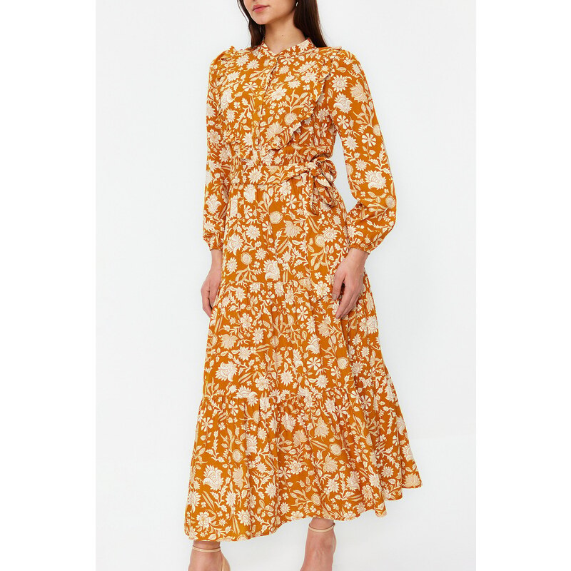 Trendyol Mustard Small Flower Printed Ruffle Detail Belted Woven Dress