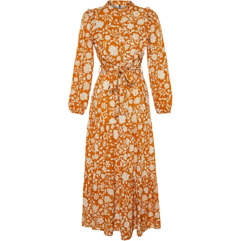 Trendyol Mustard Small Flower Printed Ruffle Detail Belted Woven Dress