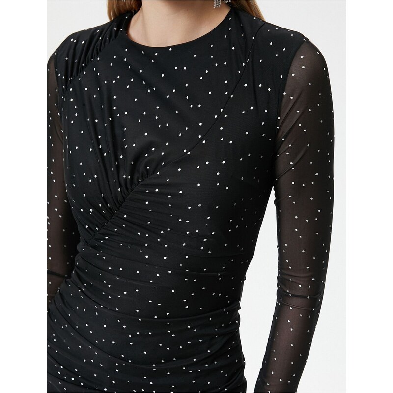 Koton Tulle Polka Dot Mini Dress Draped Detailed Round Neck Long Sleeve