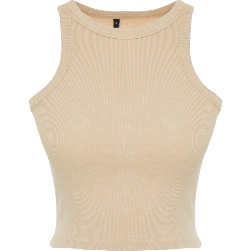 Trendyol Beige Antique/Faded Effect Crop Fitted Halter Neck Cotton Stretchy Knitted Knitted Undershirt