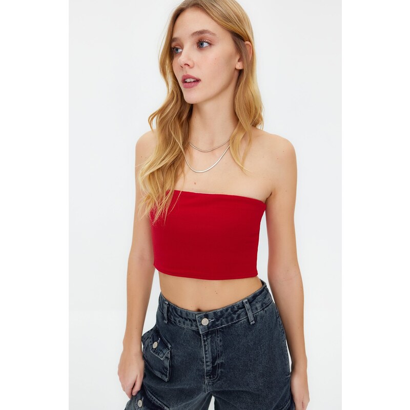 Trendyol Red Fitted Strapless Neck Crop Stretchy Knitted Blouse